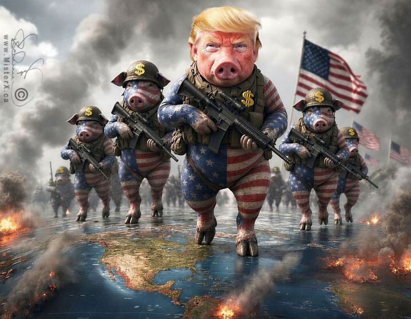 Several pigs with skin made of stars and stripes hold guns as they approach the viewer. The front pig sports a Donald Trump face with a pig's snout. All the pigs have golden dollar signs on their helmets and they walk across a map of the world which displays fire and smoke. 
