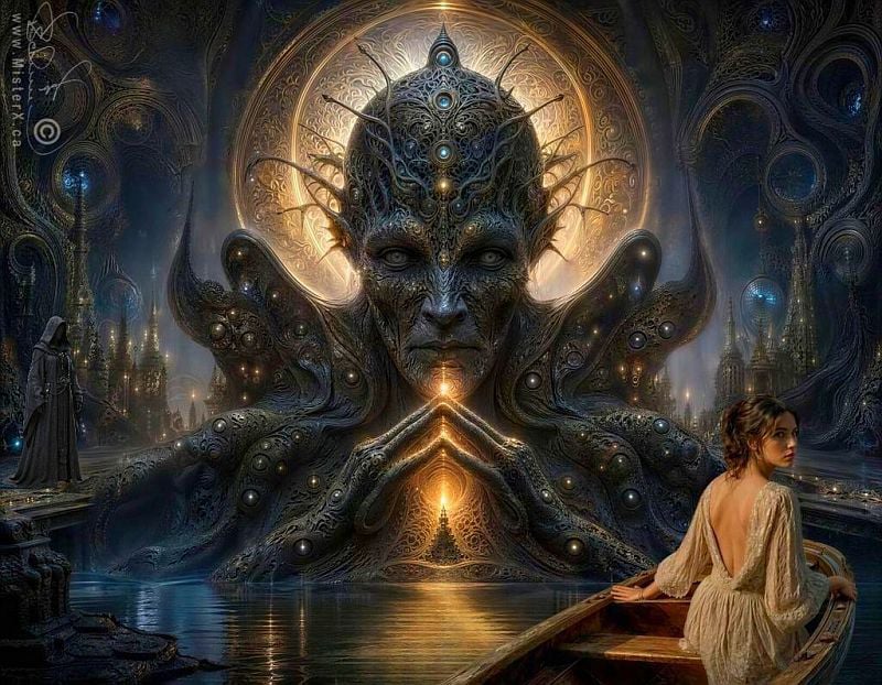 A dreamlike, ornate, dark fantasy art piece captures a colossal, intricately textured, dark stone deity-like figure with glowing light points and intricate patterns emerging from dark water. The figure has a human-like face with piercing light eyes and stands against a backdrop of glowing golden concentric rings and dark, surreal, architectural elements. In the foreground, a young woman with dark hair, wearing a light-colored, backless gown, sits in a simple wooden boat, looking back over her shoulder with an expression of awe and contemplation. The water reflects the golden light, and in the distance, intricate, dark, fantastical cityscapes with twinkling lights complete the mystic and ethereal scene.