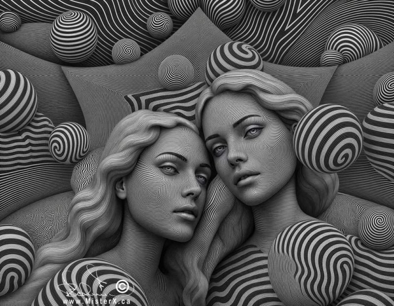 Two women are depicted in a black and white monochromatic optical illusion style, created entirely from contour lines and striped patterns. The women, positioned close together, gaze directly forward with a serious and slightly mesmerizing expression. Their faces, hair, and upper bodies are rendered with varying densities and orientations of black and white lines, creating a sense of three-dimensionality and form. The lines on their faces subtly highlight their features, such as their eyes, noses, and lips, which softly glow with a slight bluish tint. Their hair is sculpted into wavy patterns using the same striped technique, appearing to flow and intertwine.  The background and foreground of the image are filled with an abstract landscape of undulating forms, sharp geometric angles, and numerous spheres, all rendered with similar black and white striped patterns. These patterns create a dynamic and complex environment that seamlessly blends with the figures. Some spheres feature swirling, spiral-like patterns, while others have concentric stripes. The varying widths and curvatures of the lines on the background elements contribute to the illusion of depth and movement, making it difficult to distinguish where the figures end and the environment begins. The overall impression is one of intricate detail and hypnotic visual effect, characteristic of op art.
