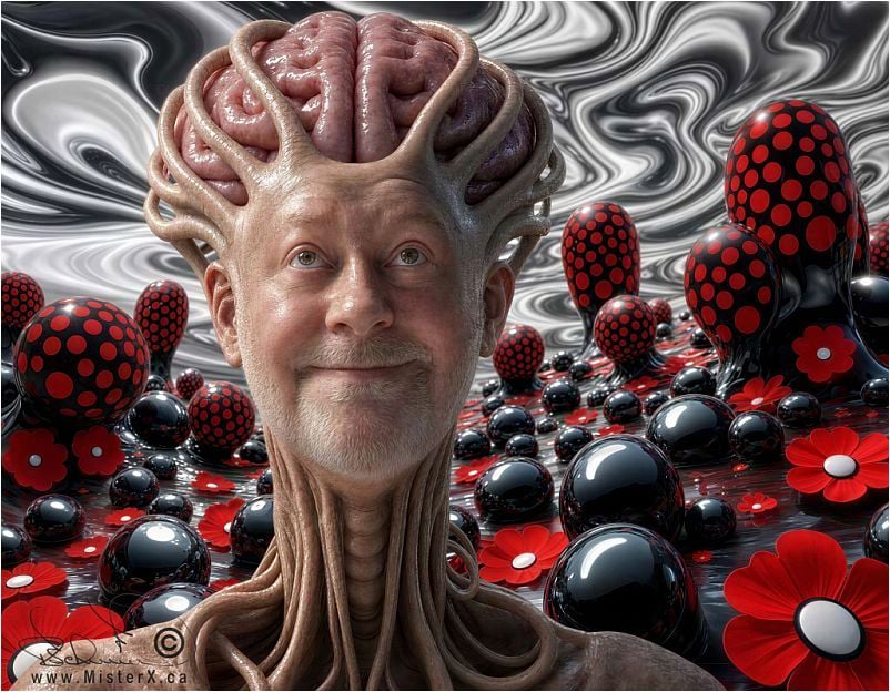 A detailed, close-up, digital rendering of an older human male with pale, wrinkled skin with an exposed brain, its surface covered in intricate folds and crevices, and veins that look like a dark purple color, extending over the skin of the face and neck. The man has a short, grey mustache and beard, and is looking slightly upwards with a faint, enigmatic smile. His eyes are a pale green with a slight sparkle. The background is a chaotic swirl of black and white, resembling marbled fluid or smoke. In the foreground and scattered throughout the midground are numerous black, glossy spheres that reflect the surroundings. Some of these spheres are smooth, while others are elongated and feature a pattern of bright red polka dots. Amidst these spheres are vibrant red flowers with white centers, some small and others larger, seemingly floating on a reflective surface that mimics the swirling background. The lighting is soft and even, highlighting the textures and reflections.