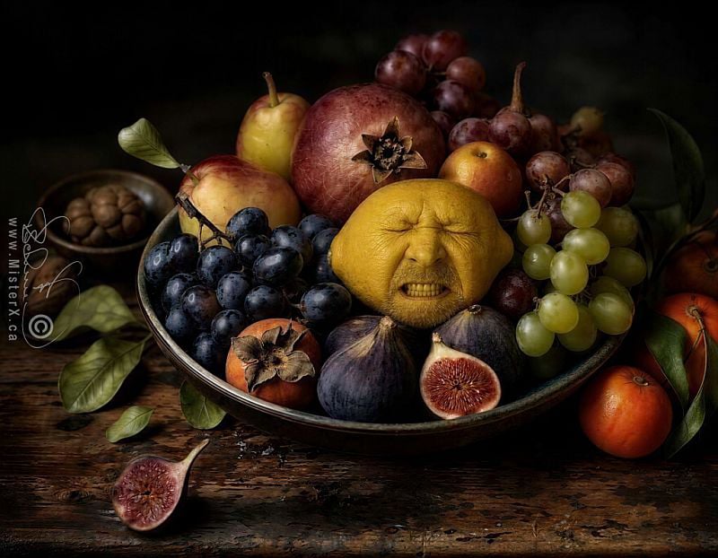 A still life photograph features a bowl of assorted fruits, featuring a prominent lemon with an anguished expression on its face. Hyperrealistic image features the face of ai artist misterx.