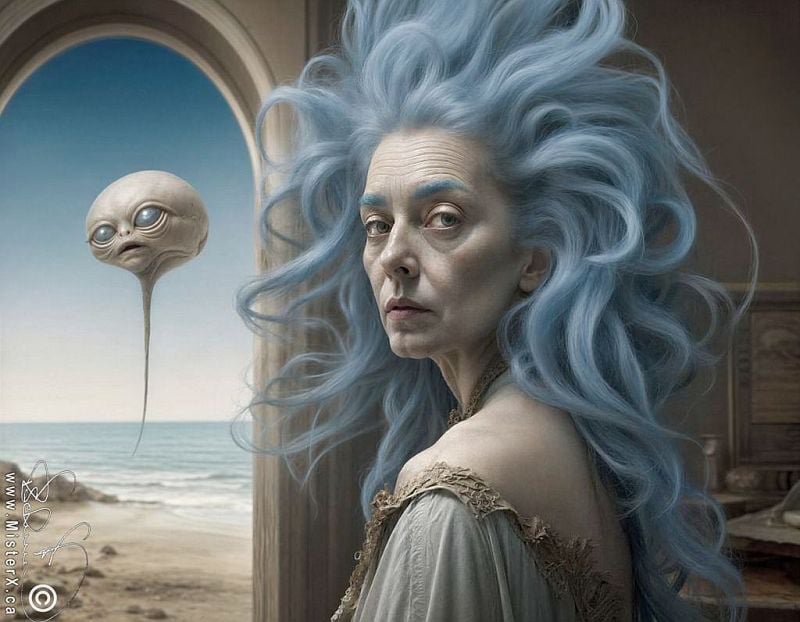An older woman with blue hair looks over her shoulder at the viewer from a room with a door that is rounded along the top. Outside we can see a gradient sky, the ocean, and a sandy beach, and an alien-like being hovering in the air.