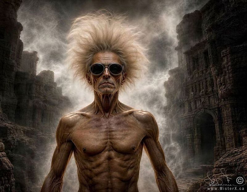 A very slim fellow with glasses and wispy hair is seen against stone ruins in a misty environment.