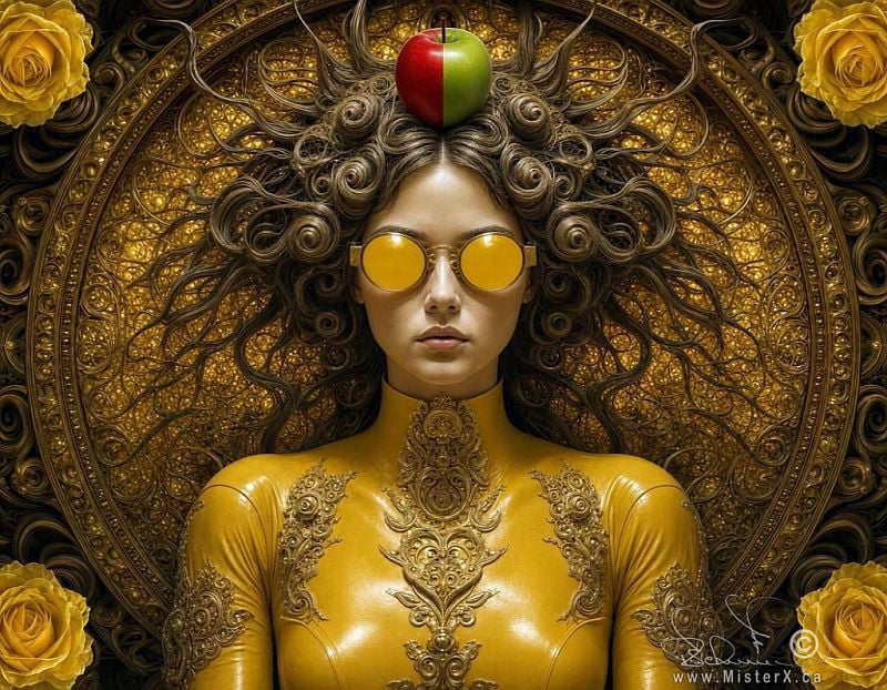 A symmetrical image shows a woman dressed in yellow leather looking at the viewer through yellow lensed sunglasses. Behind her is a golden oval shape and a yellow rose appears in each corner. She has a two toned green and red apple on her head. 