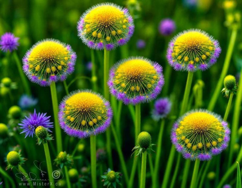 Image shows a realistic photograph of flowers that are a cross between dandelions and chives. 