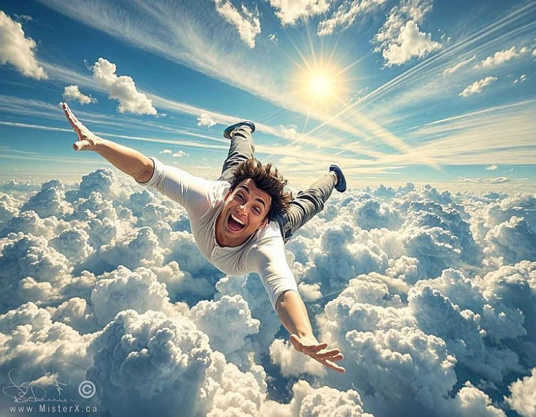 Ahappy man can be seen flying above the clouds with his arms stretched out.