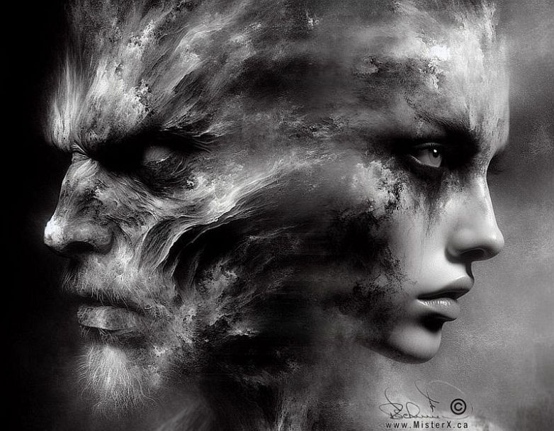 Somewhat abstract of two faces, a man and a woman, merged and facing away from each other.