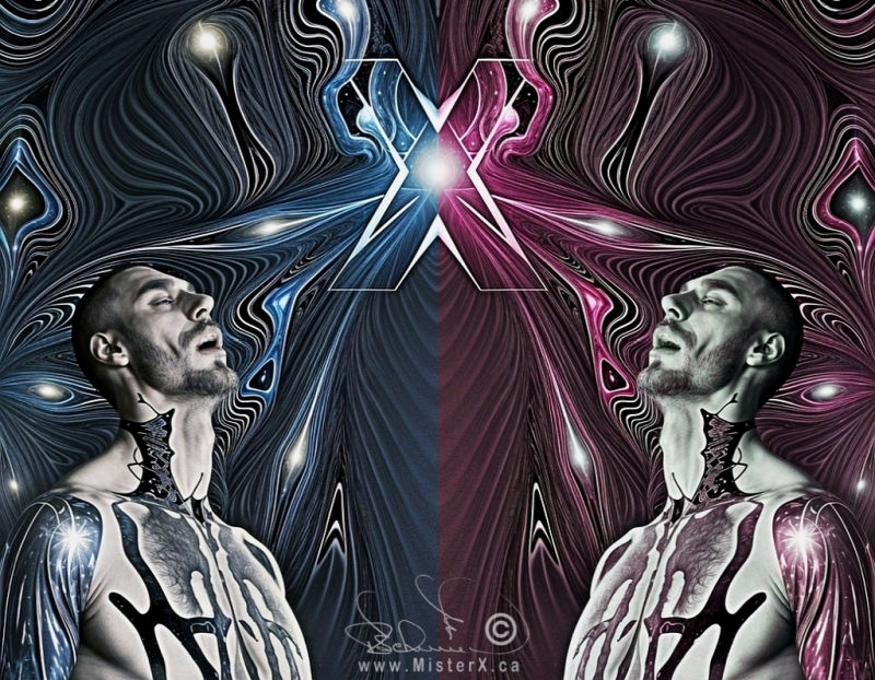 Mirrored images of a man looking up towards a letter "X" in the sky, zombie-like expression on their faces. Psychedelic and surreal red and blue background.