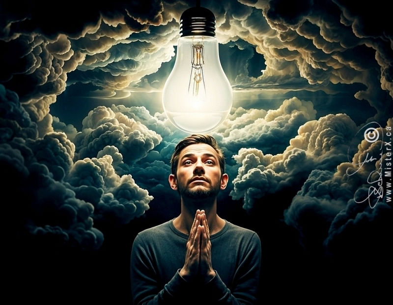 An illumunated light bulb is seen descending from a cloudy sky. Underneath it is a man praying, hands together in prayer, looking up at it in worship.